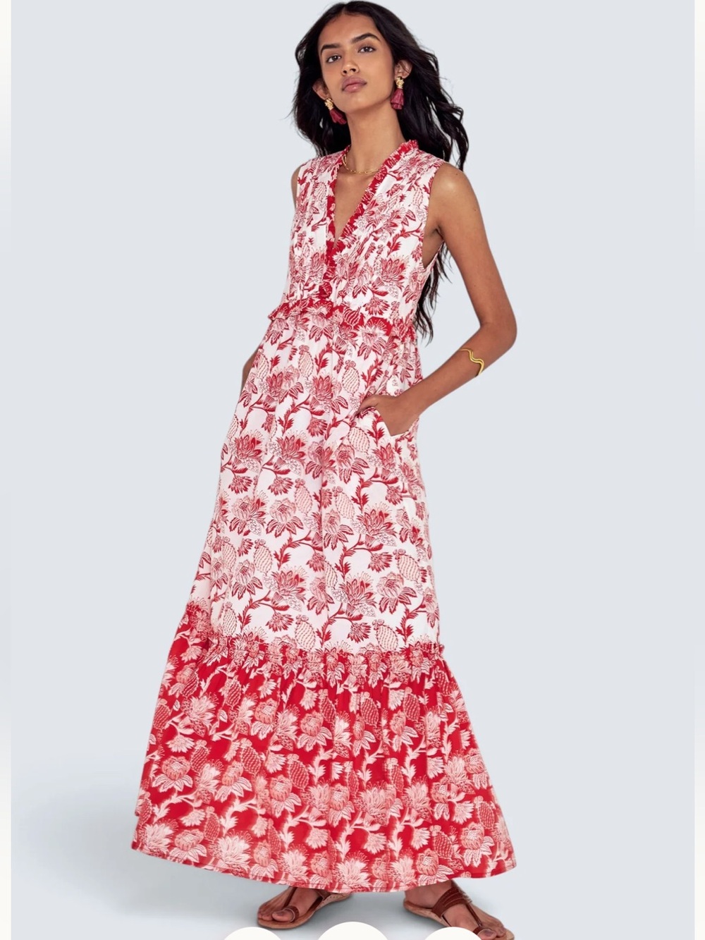 Banjanan Constance Red and White Floral V-Neck Maxi Dress